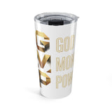20oz Inspirational Tumbler — "God, Mom, Power" Gold Script Travel Mug