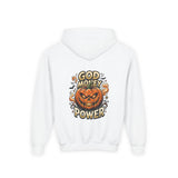 Halloween Pumpkin Hoodie — “God Money Power” Graphic Youth Sweatshirt