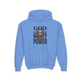 Youth Hoodie "God Money Power" Skull Graphic