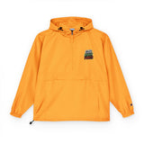 God Money Power- Packable Anorak Jacket — Bright Orange Hooded Windbreaker with Small Graphic
