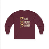 GMP Long Sleeve Tee — God Money Power Gold Graphic
