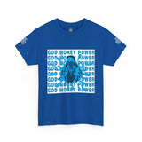 God Money Power Graphic Tee — Blue Anime Design