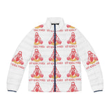 Men's Puffer Jacket — 'God Novel Power' Retro Graphic All-Over Print