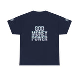 God Money Power Graphic Tee — Blue Anime Design