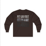 Long Sleeve Tee — "Put God First, Hustle for the Money, Put Yourself in Power" Inspirational Faith & Hustle Top