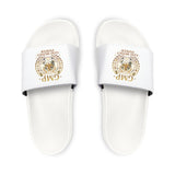Men's White Slide Sandals with Gold Emblem — 'GMP God Money Power' Strap