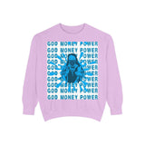 Graphic Sweatshirt - "God Money Power" Blue Retro Streetwear Crewneck