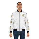 GMP GOD All-Over Print Bomber Jacket — White & Gold Graphic Jacket