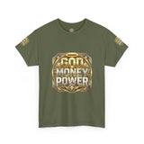 Graphic Tee — "God Money Power" Gold Crest T-Shirt