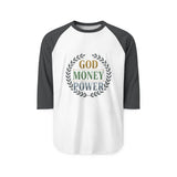 Raglan Shirt - God Money Power Vintage Laurel Baseball Tee