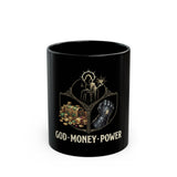 God • Money • Power Black Ceramic Mug — Religious Icon & Wealth Symbol Coffee Cup (11oz/15oz)