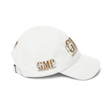 GMP 'Good Money Power' White Dad Cap — Distressed Gold Logo Baseball Hat