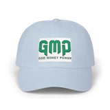 GMP 'God Money Power' Embroidered Classic Dad Cap — White Adjustable Baseball Hat