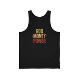 God Money Power Tank — Retro Jesus Palm Tree Graphic Sleeveless Top