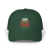 God Money Power Dad Cap – White Embroidered Baseball Hat