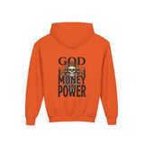 Youth Hoodie "God Money Power" Skull Graphic