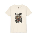 Youth Tee — 'God Money Power' Skull Graphic Shirt