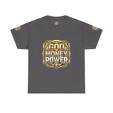 Graphic Tee — "God Money Power" Gold Crest T-Shirt