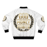 God Money Power Bomber Jacket — White Graphic Men's Jacket