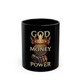 Black Mug — "God Money Power" Crowned Fist Coffee Mug (11oz/15oz)