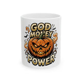 God Money Power- Pumpkin Halloween Mug — Spooky Jack-O'-Lantern Coffee Cup (11oz & 15oz)