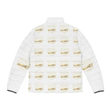 Money Print Puffer Jacket — White Quilted Men’s Winter Coat with Gold Text