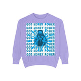 Graphic Sweatshirt - "God Money Power" Blue Retro Streetwear Crewneck