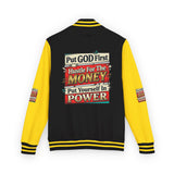 Letterman Jacket — "Put GOD First, Hustle For The MONEY, Put Yourself In POWER" Inspirational Varsity Coat