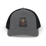 Trucker Cap — "God Money Power" Skull Graphic Snapback