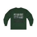 Long Sleeve Tee — "Put God First, Hustle for the Money, Put Yourself in Power" Inspirational Faith & Hustle Top