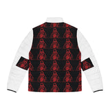 Men's Puffer Jacket — Red & Black Hooded Skeleton Pattern Winter Coat