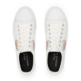 God Money Power Men’s Low Top Sneakers — Retro Badge Graphic White Canvas