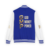 God Money Power Letterman Jacket — Red Varsity Bomber with GMP Gold Logo