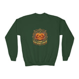 Youth Crewneck Sweatshirt — Vintage Halloween Pumpkin "GOD MONEY POWER"