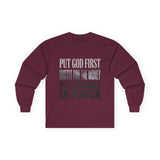 Long Sleeve Tee — "Put God First, Hustle for the Money, Put Yourself in Power" Inspirational Faith & Hustle Top