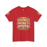 Graphic Tee — "God Money Power" Gold Crest T-Shirt