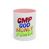 GMP God Money Power Accent Coffee Mug — Colorful Motivational Tea Cup (11/15 oz)