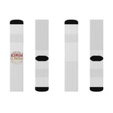 Money Power Graphic Sublimation Socks — Novelty Crew Socks with Retro Badge