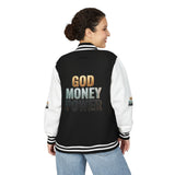 Letterman Jacket - "GOD MONEY POWER" Graphic Varsity Jacket with Chest Logo