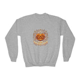Youth Crewneck Sweatshirt — Vintage Halloween Pumpkin "GOD MONEY POWER"