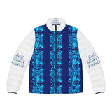 Men's Puffer Jacket – Blue Graphic AOP 'Good Money, Good Power' Streetwear