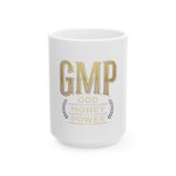 GMP Ceramic Mug — Gold "God Money Power" Inspirational Coffee Cup (11oz, 15oz)