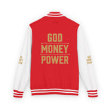 Letterman Jacket — 'GOD MONEY POWER' Red & White Varsity Jacket