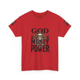 Graphic Tee — "God Money Power" Skull Design