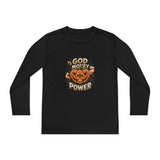 Youth Long Sleeve Tee — 'God Money Power' Halloween Pumpkin Graphic