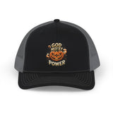 Halloween Pumpkin Trucker Cap — "God Money Power" Graphic Snapback