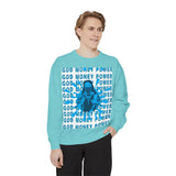Graphic Sweatshirt - "God Money Power" Blue Retro Streetwear Crewneck