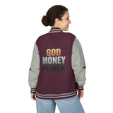 Letterman Jacket - "GOD MONEY POWER" Graphic Varsity Jacket with Chest Logo