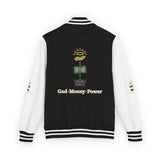 Letterman Jacket — "God • Money • Power" Embroidered Red & White Varsity