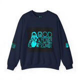 Crewneck Sweatshirt — GOD MONEY POWER Graphic Crewneck (Neon Cyan on White)